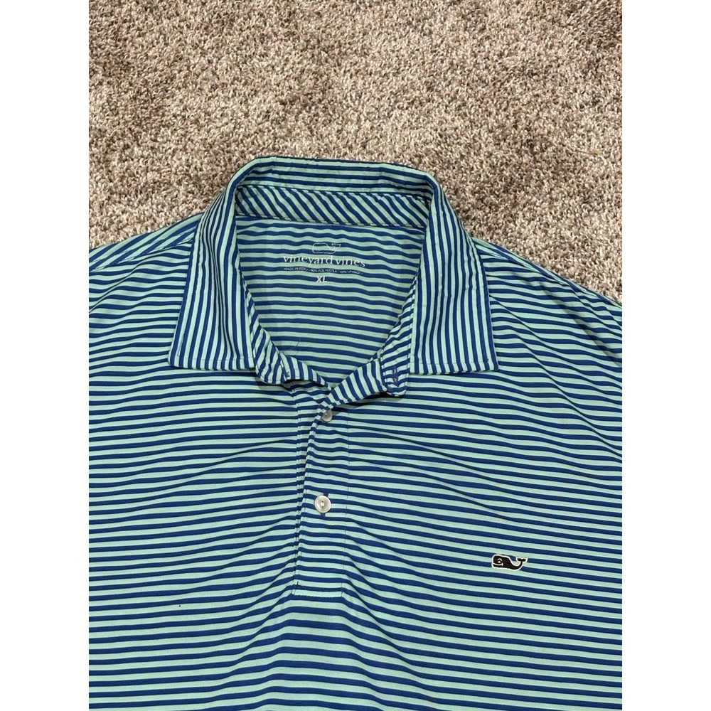 Vineyard Vines Mens XL Performance Polo Shirt Blue Green Striped Golf Whale Logo